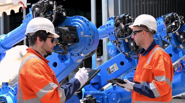 Industrial workers in safety gear inspect robotic arms on factory floor