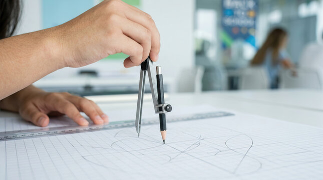 Student drawing geometric design with compass and pencil on drafting paper, showing focused creative study in bright classroom setting