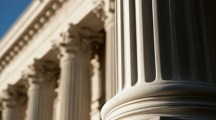 Fototapeta premium Close-up of fluted columns on a grand building against a blue sky