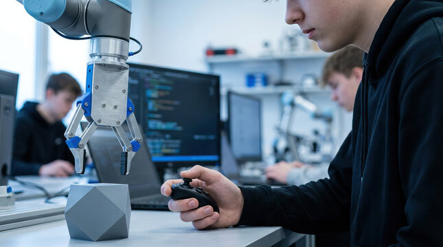 Student testing robotic arm with handheld controller beside geometric object in technology laboratory, focused on automation and engineering experiment