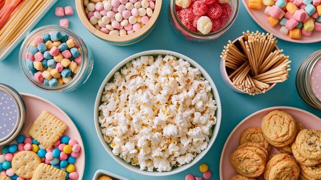 Overhead flat lay of kids party snacks with popcorn, candy jars, fruit skewers and cookies arranged in a balanced pastel composition for a modern celebration