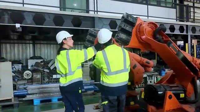Industrial robots and workers in a modern manufacturing facility