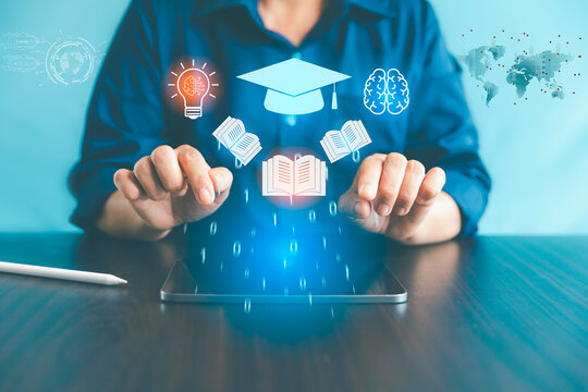 Online education concept with digital learning, graduation cap, books, brain and technology icons above a tablet, representing e-learning, knowledge, innovation, remote study and modern education.