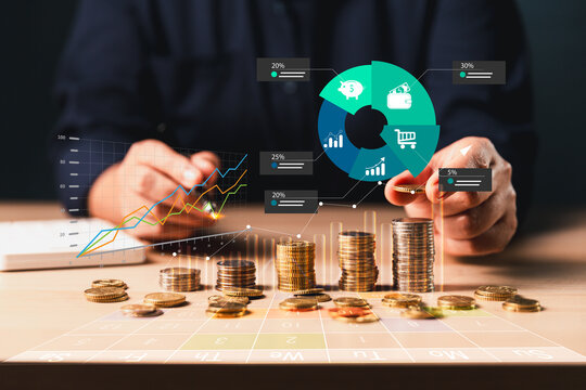 Financial planning concept showing investment allocation, savings growth, portfolio strategy, market analysis, and organized money management with charts and coins for long term wealth building.