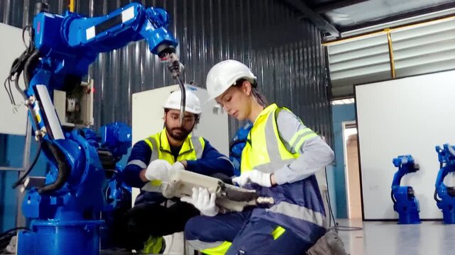 Factory workers collaborating on industrial robotic arm maintenance and programming