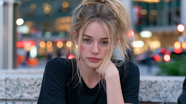 Commercial model with lupus butterfly rash visible on her face posed at twilight in a city plaza, process in action showing makeup artist applying minimal coverage rather than concealing, invisible 