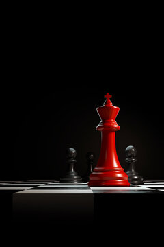 Red chess king standing above black pieces, symbolizing leadership, power, strategic thinking, competition, and business success