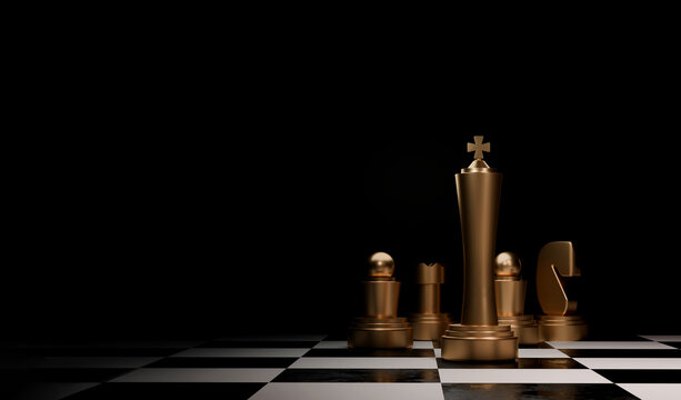 Bronze chess king on a chessboard symbolizing leadership, strategy, power, and decision-making with dramatic lighting and copy space.