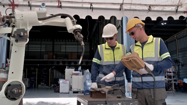 Industrial workers in safety gear collaborate near a robotic arm in a factory setting