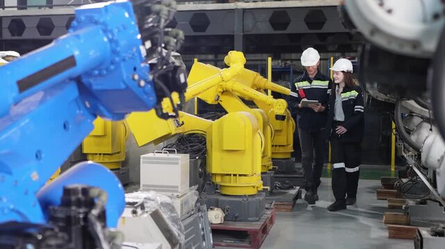 Factory workers inspect robotic arms in a modern industrial manufacturing facility
