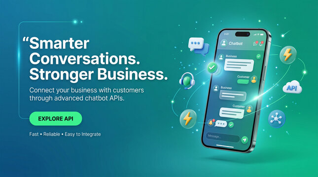 Chatbot application banner displaying a mobile phone interface with message bubbles on a green gradient background.