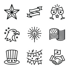 Fototapeta premium United States patriotic and American holiday line icons.