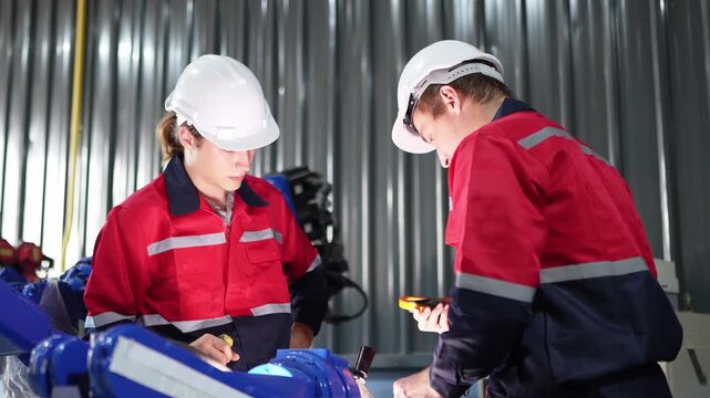 Industrial worker in hard hat and uniform inspecting machinery with a tool