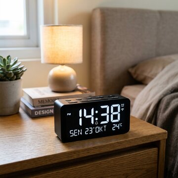 Digital alarm clock on modern bedside table with lamp and books