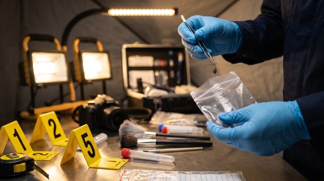 Forensic investigator collecting evidence at a crime scene with tools and markers.