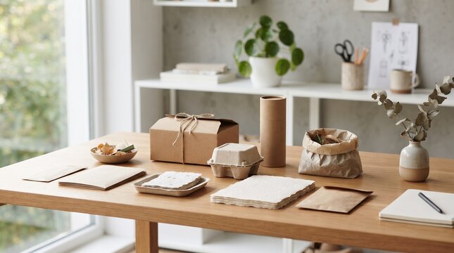Eco friendly sustainable paper packaging mockup set on wooden table