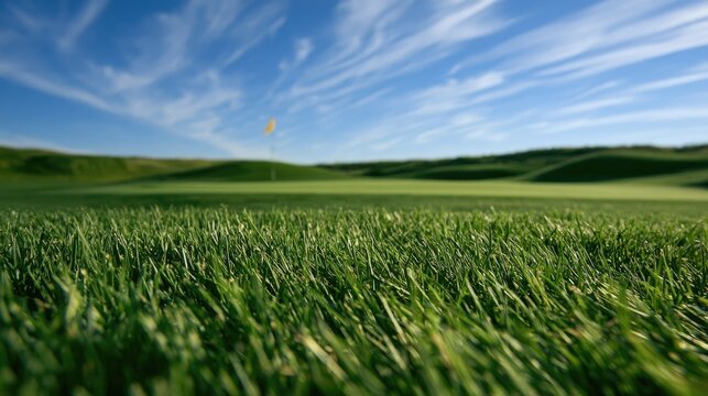Lush green golf course fairway with pin under a bright blue sky