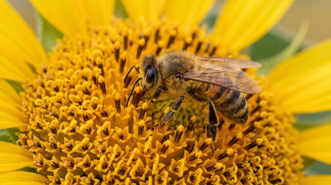 Honey bee collecting nectar on a sunflower