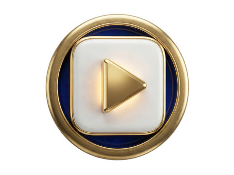 Circular play button icon with golden rim isolated on transparent surface