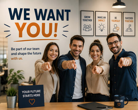 Diverse Business Team Pointing at Viewer with We Want You Recruitment Message