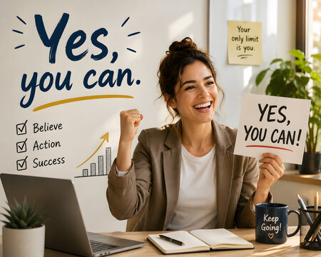 Excited Businesswoman Holding Yes You Can Motivational Sign in Office