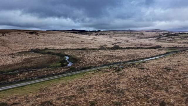 Road through the harsh bleak Dartmoor landscape
