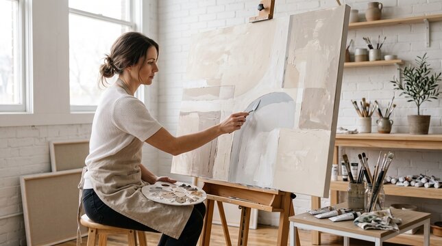 Female artist painting abstract art on canvas in bright studio