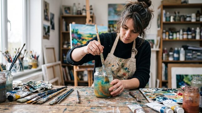 Female artist cleaning paintbrush in water jar at art studio