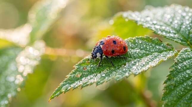 Ladybug on a wet green leaf with morning dew
