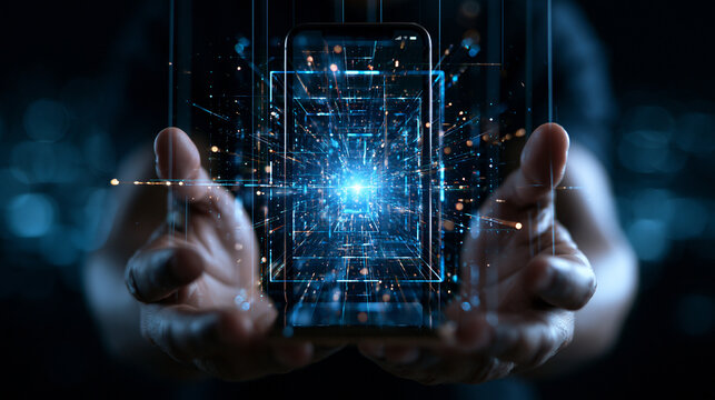 A giant pair of puppet master hands in the dark holding glowing digital strings connected directly to a small smartphone screen, algorithmic manipulation and social media addiction