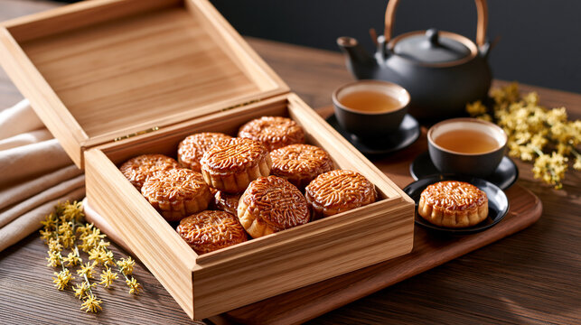 High-end commercial stock image featuring an open traditional wooden gift box filled with artfully designed mooncakes. A porcelain teapot, two cups with fresh tea, and delicate osm
