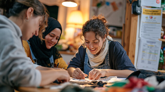 A modest living room where a diverse team of lacework artisans teach refugee women to hand-stitch intricate patterns at a kitchen table, resettlement support documents visible on a shelf, warm lampl