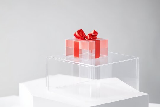 Red gift box on clear stand with soft light and white background