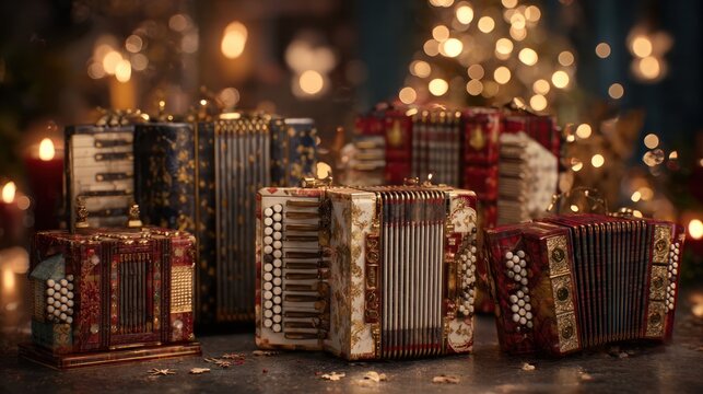 Festive concertina workshop with small accordions decorated for holidays,