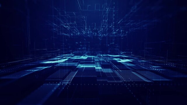 Abstract digital technology background with glowing blue data grids, binary patterns, and futuristic network structures representing big data, computing, connectivity, and information processin