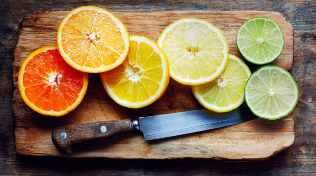 Fresh citrus fruits on a wooden cutting board with a knife in a rustic kitchen setting