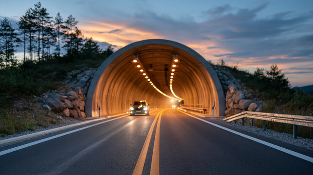 entrance to modern tunnel for cars at night, warm light coming fro inside