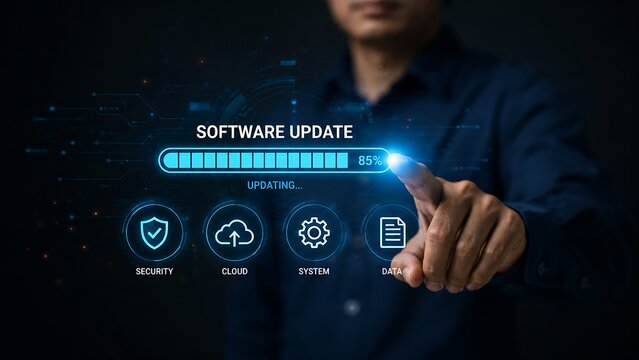 Professional businessman interacting with digital software update progress interface