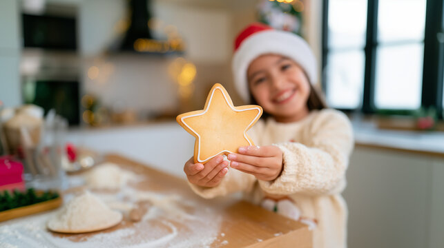 Christmas girl holding a star shaped cookie while baking in a kitchen, wearing a festive sweater and Santa hat, warm holiday lights in the background. 
