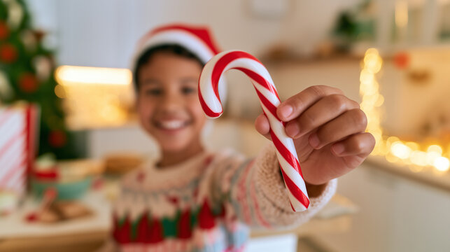 Hispanic child holding a candy cane during Christmas celebration at home, joyful holiday tradition and festive family season. 