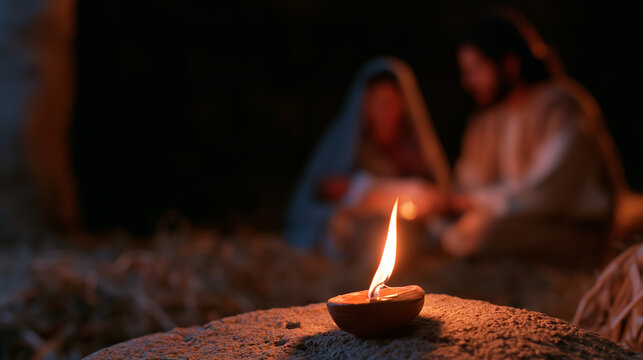 Christmas Nativity concept with candlelight symbolizing the birth of Jesus Christ, Christian faith and holiday celebration. 