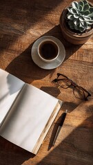 c Flat lay wooden desk with open notebook black coffee or kawa in cup glasses succulent and plant with morning sunlight background