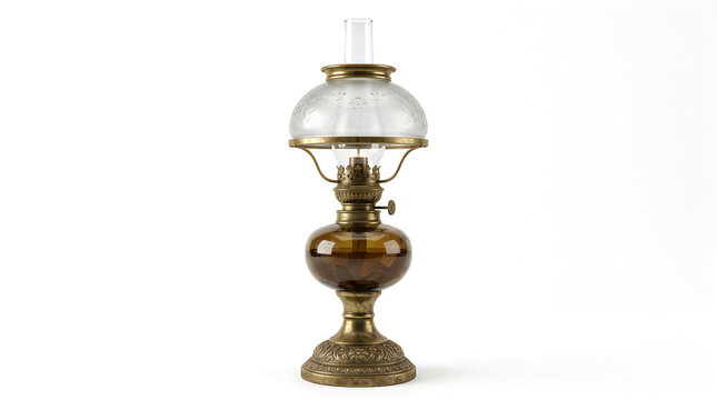 Vintage brass oil lamp with frosted glass chimney on white background for decor and lighting
