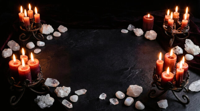 Mystical ritual background with burning red candles, white quartz crystals and moonstone on dark surface