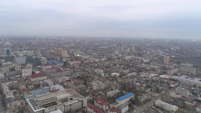 An aerial view of Krasnodar  showcasing the city's urban landscape and architecture from above.