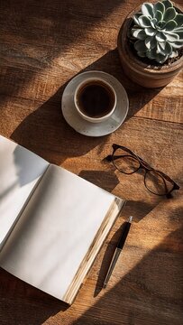 c  Flat lay wooden desk with open notebook black coffee or kawa in cup glasses succulent and plant with morning sunlight background