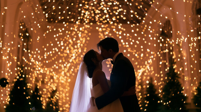 Newlywed couple kissing at a Christmas wedding surrounded by warm golden lights, decorated trees and romantic festive atmosphere