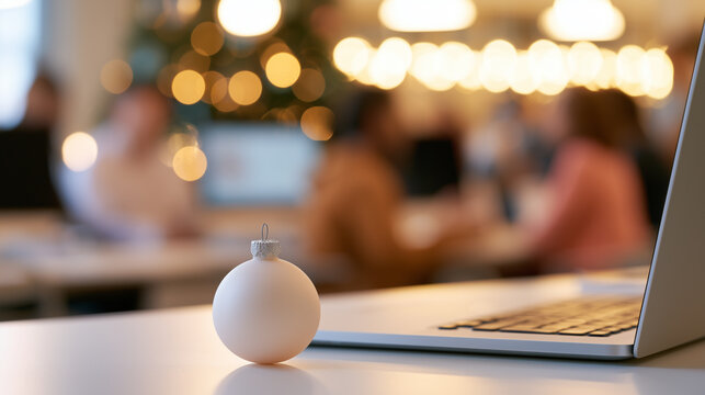 White Christmas ornament beside an open laptop on a desk in a modern coworking office with blurred professionals and warm festive lights.