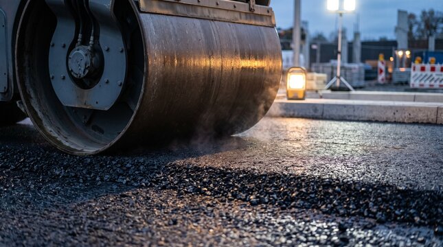 Road roller compacts recycled asphalt after dusk