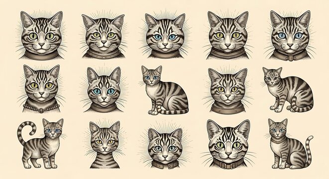 Set of diverse tabby cat head and body illustrations